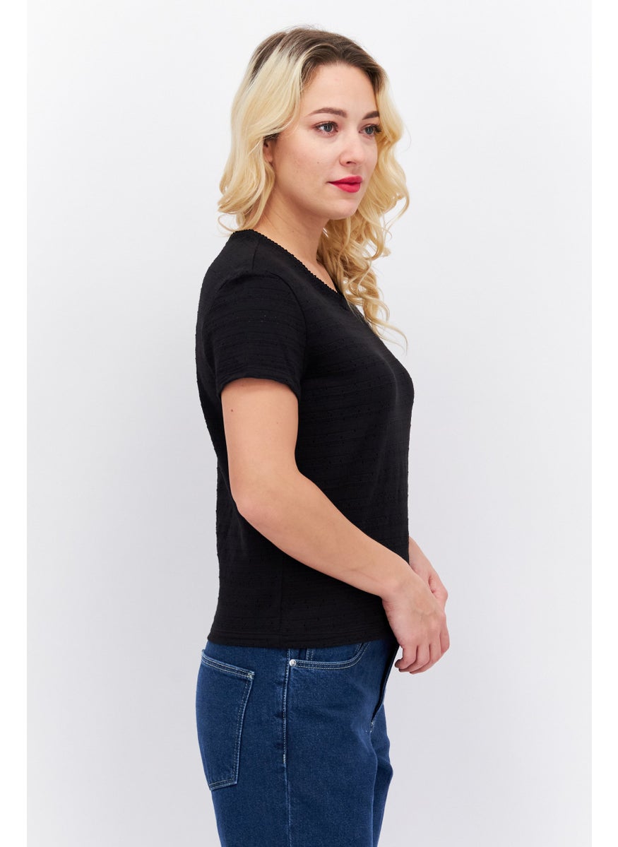 ESPRIT Women Round Neck Short Sleeves Textured Shirt, Black  - Image 2