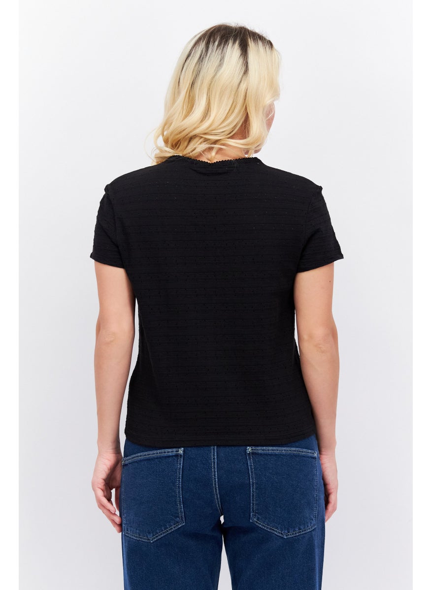 ESPRIT Women Round Neck Short Sleeves Textured Shirt, Black  - Image 4