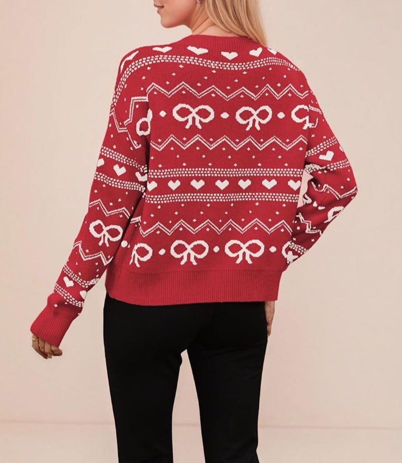 TYHOTULY Valentine's Day Cardigan for Women Kawaii Cute Bow Heart Love Pattern Knitted Cropped Button Up Sweater Trendy Tops (Red,Medium) - Image 3