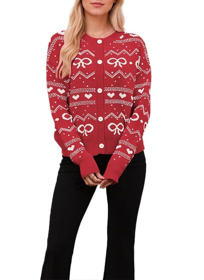 TYHOTULY Valentine's Day Cardigan for Women Kawaii Cute Bow Heart Love Pattern Knitted Cropped Button Up Sweater Trendy Tops (Red,Medium) - Image 2