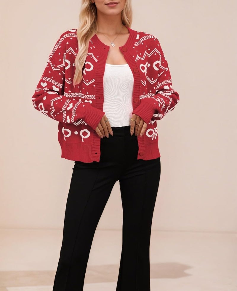 TYHOTULY Valentine's Day Cardigan for Women Kawaii Cute Bow Heart Love Pattern Knitted Cropped Button Up Sweater Trendy Tops (Red,Medium) - Image 4