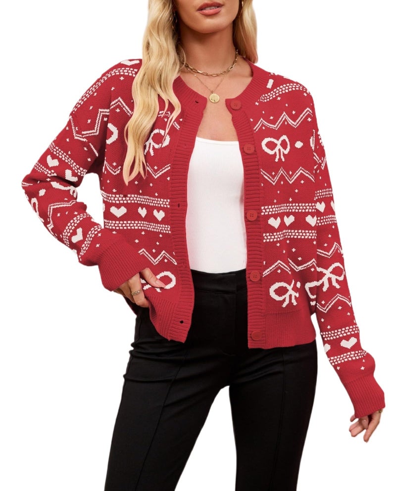 TYHOTULY Valentine's Day Cardigan for Women Kawaii Cute Bow Heart Love Pattern Knitted Cropped Button Up Sweater Trendy Tops (Red,Medium) - Image 1