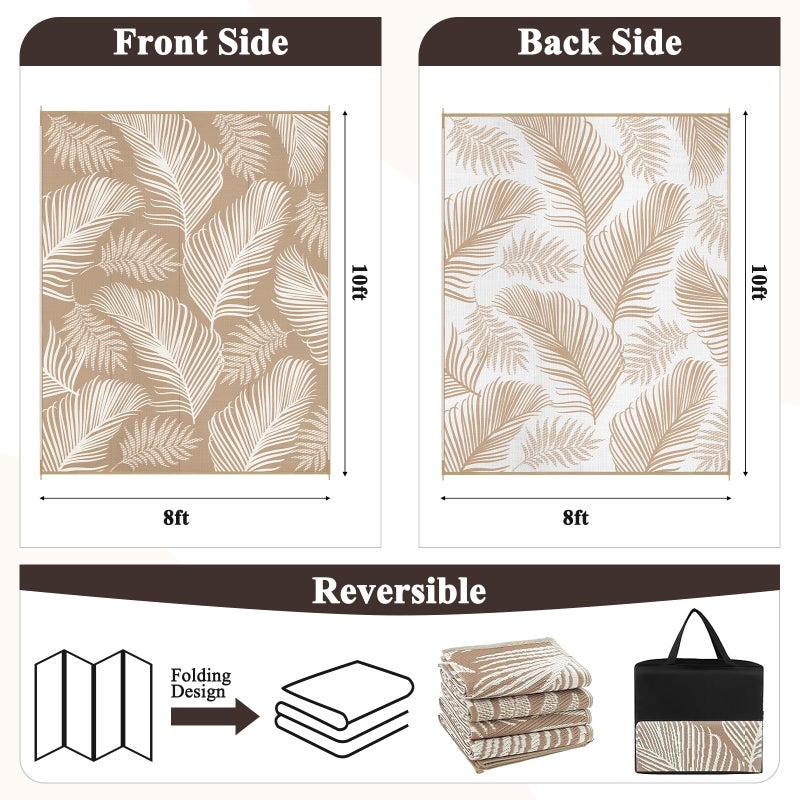 Pauwer Waterproof Outdoor Rug 8x10, Reversible Plastic Straw Patio Camping Rug, Indoor Outdoor RV Mat Carpet for Deck, Camper, Porch, Balcony, Backyard, Picnic, Leaf Brown - Image 3