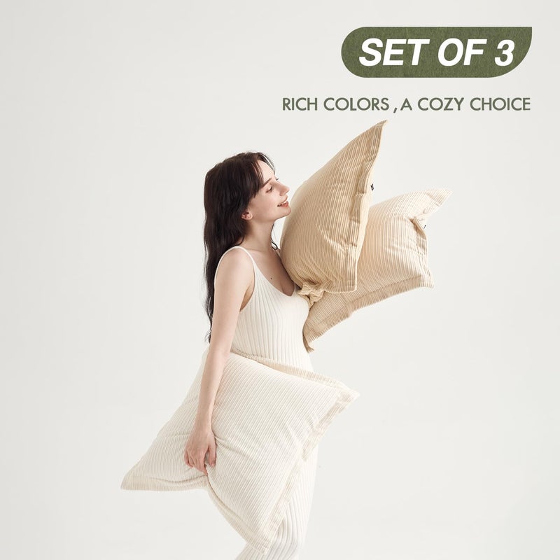 COCO TOP COCO TOP Set of 3 Decorative Vintage Throw Pillow Covers 20x20inch  Soft Striped Textured Corduroy Square Cushion Pillowcases for Modern Bedroom Living Room Farmhouse Decor(Camel  Beige & White) - Image 2