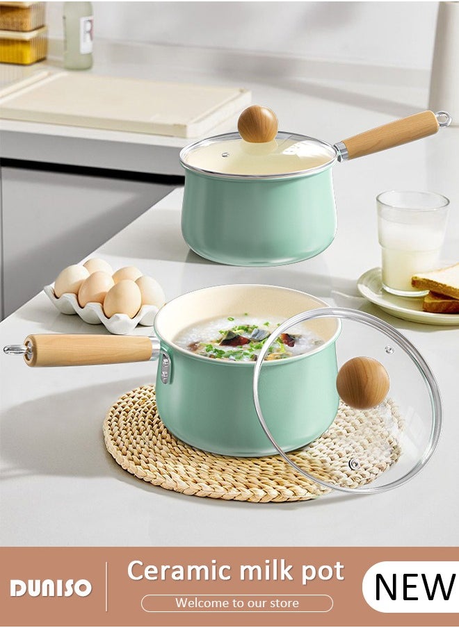 DUNISO Ceramic Handle Milk Pot with Heat-Resistant Hanging Handle and Thickened Glass Lid,Healthy Nonstick Coating Dishwasher Safe Butter Warmer Milk Boiling Melting Pot,Multipurpose Use Sauce Pan Cooking Pan Coffee Warmer Coffee Pot Teapot  - Image 1