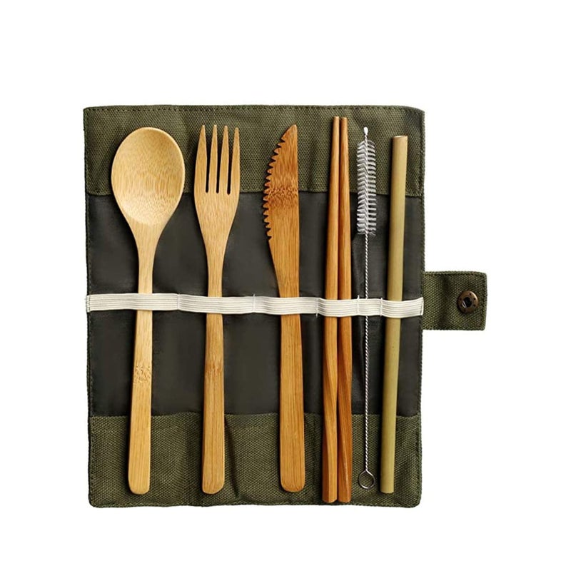 Zikra Bamboo Cutlery Set, Bamboo Travel Utensils Include Knife Fork Spoon Chopsticks Straws - Image 1