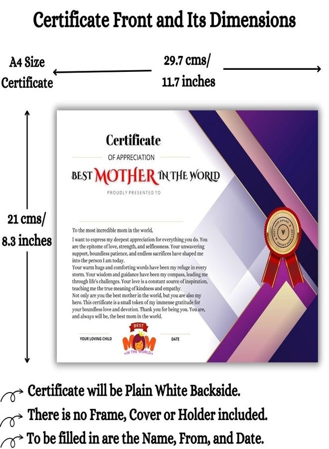 AanyaCentric A4 Size 8.3 x 11.7 inch World Best Mother Mom Printed Certificate(Self Fill-in) & Envelope Birthday Greeting Card for Ma Maa Mummy Big Day - without Frame Folder Case - Image 2