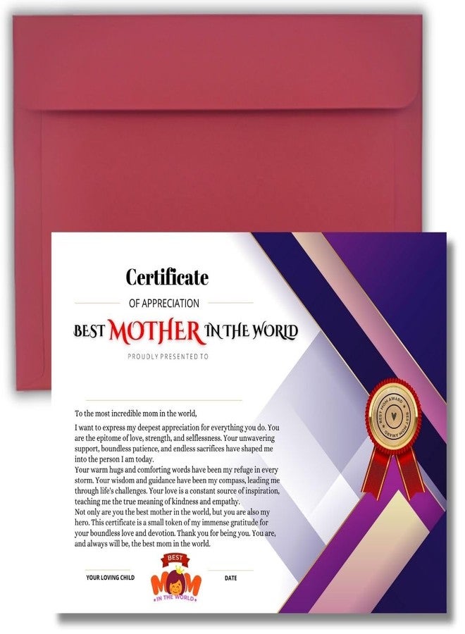 AanyaCentric A4 Size 8.3 x 11.7 inch World Best Mother Mom Printed Certificate(Self Fill-in) & Envelope Birthday Greeting Card for Ma Maa Mummy Big Day - without Frame Folder Case - Image 1