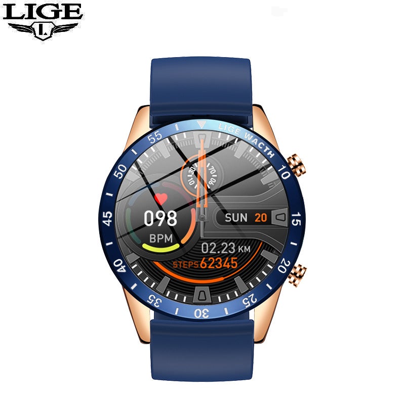 LIGE cross-border dedicated full touch screen Bluetooth call smart watch IP67 waterproof pedometer heart rate Sports Watch Tape gold blue 
