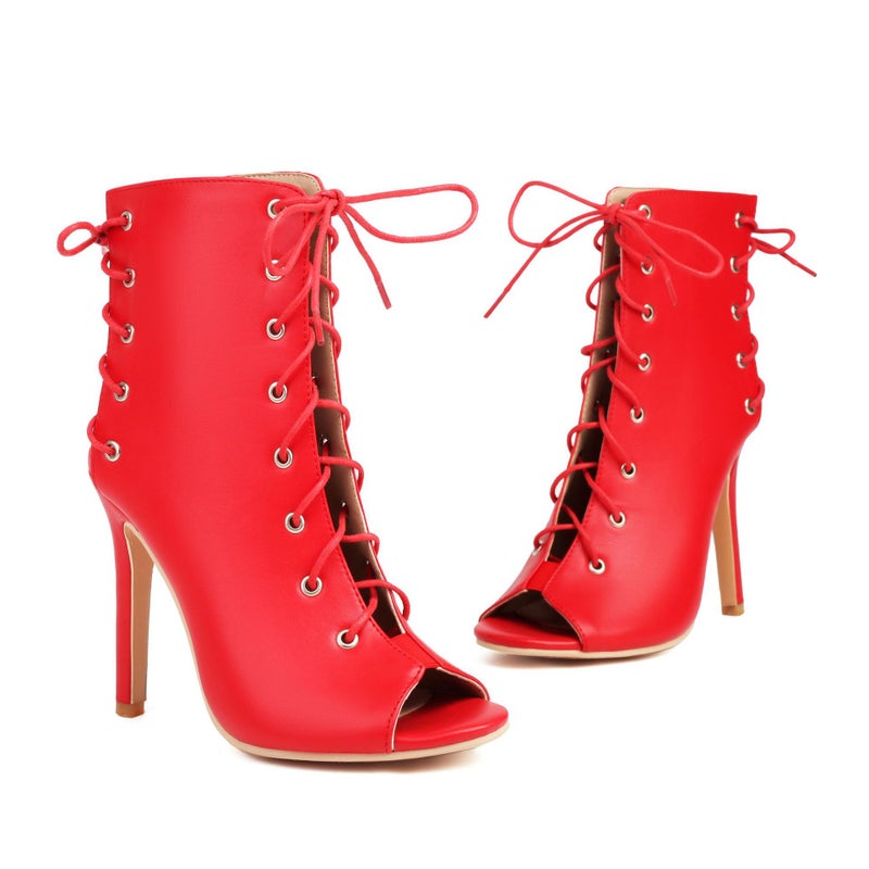 2024 Early Spring New Stiletto Heel Women 40-48 High Heels Fish Mouth Front Lace-Up Low Barrel Sandals - Image 1