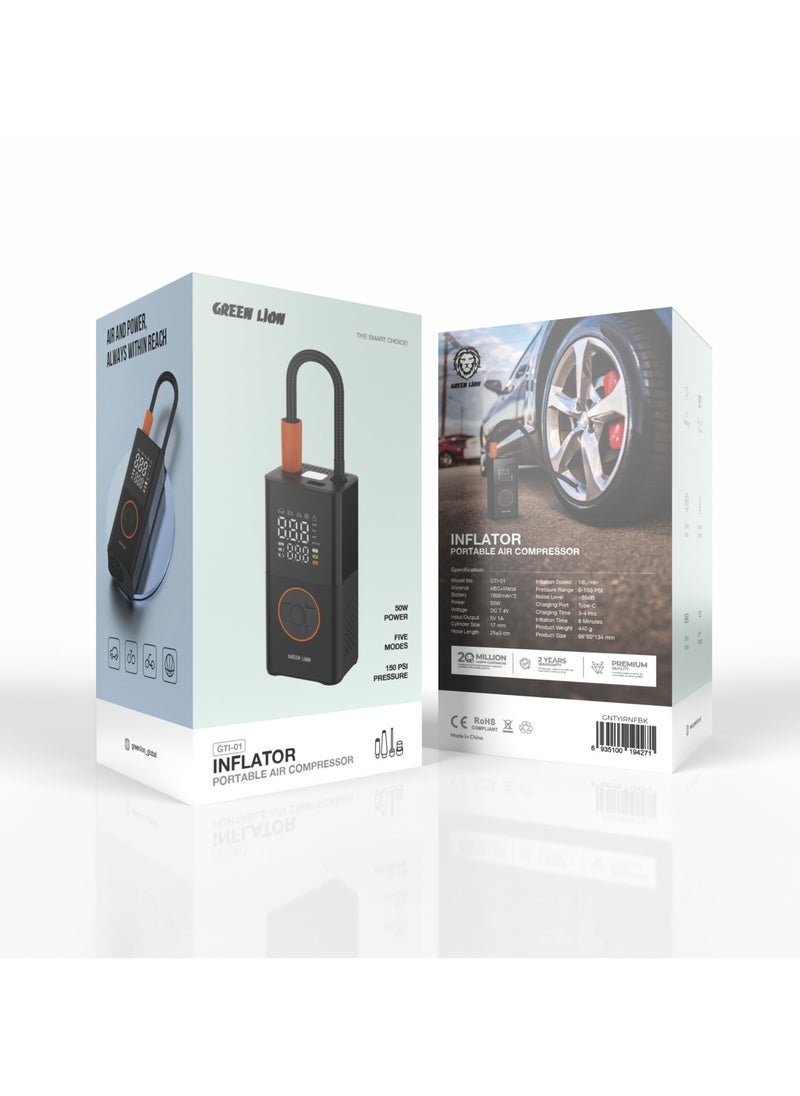 GREEN LION GTI-01 Inflator Portable Air Compressor / 50W Power / Five Modes / 150Psi Pressure / LED Flashlights / Dual LCD Screen / Custom Mode / Multiple Nozzles / USB-A Output / Type-C Charging - Black  - Image 3