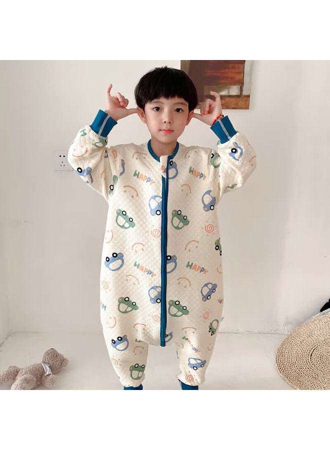 Zisehy Purple Floral Print 100% Cotton Children's Pajamas One-piece Warm Autumn Winter Boys Beige Size 110 - Image 1