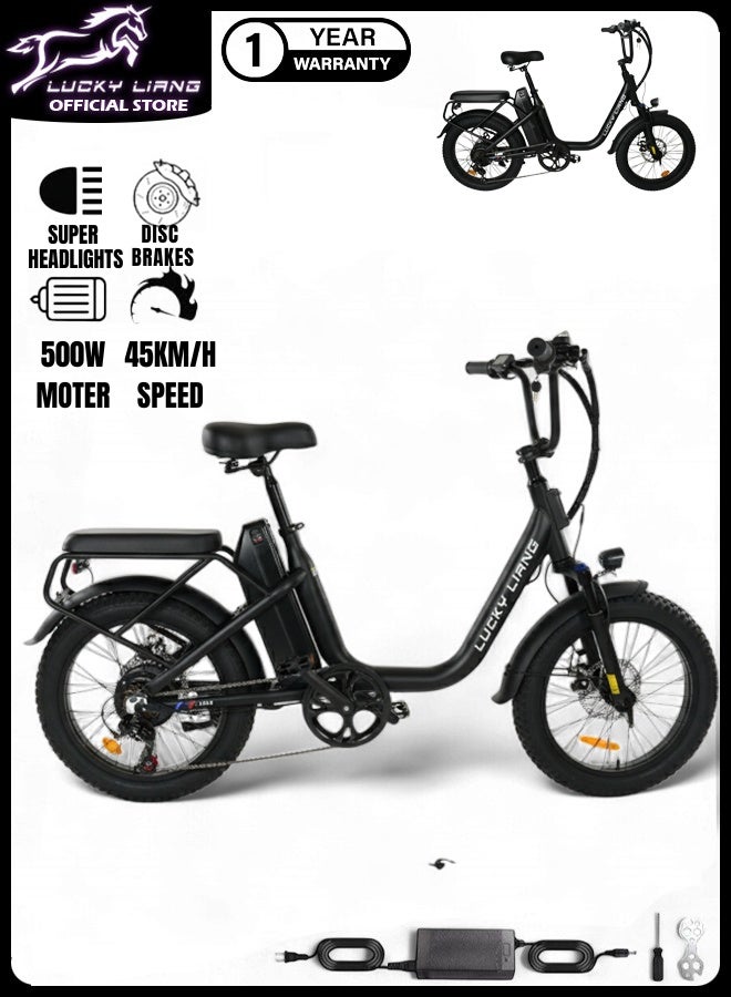 Lucky Liang U03 Electric Bike 500W Motor (750W Max), 48V 13Ah Battery, 45Km/h Speed, 45Km Range, 20”3.0 Tires, Disc Brakes, Carbon Steel Frame – Powerful Long Range E-Bike for Adults - Image 1