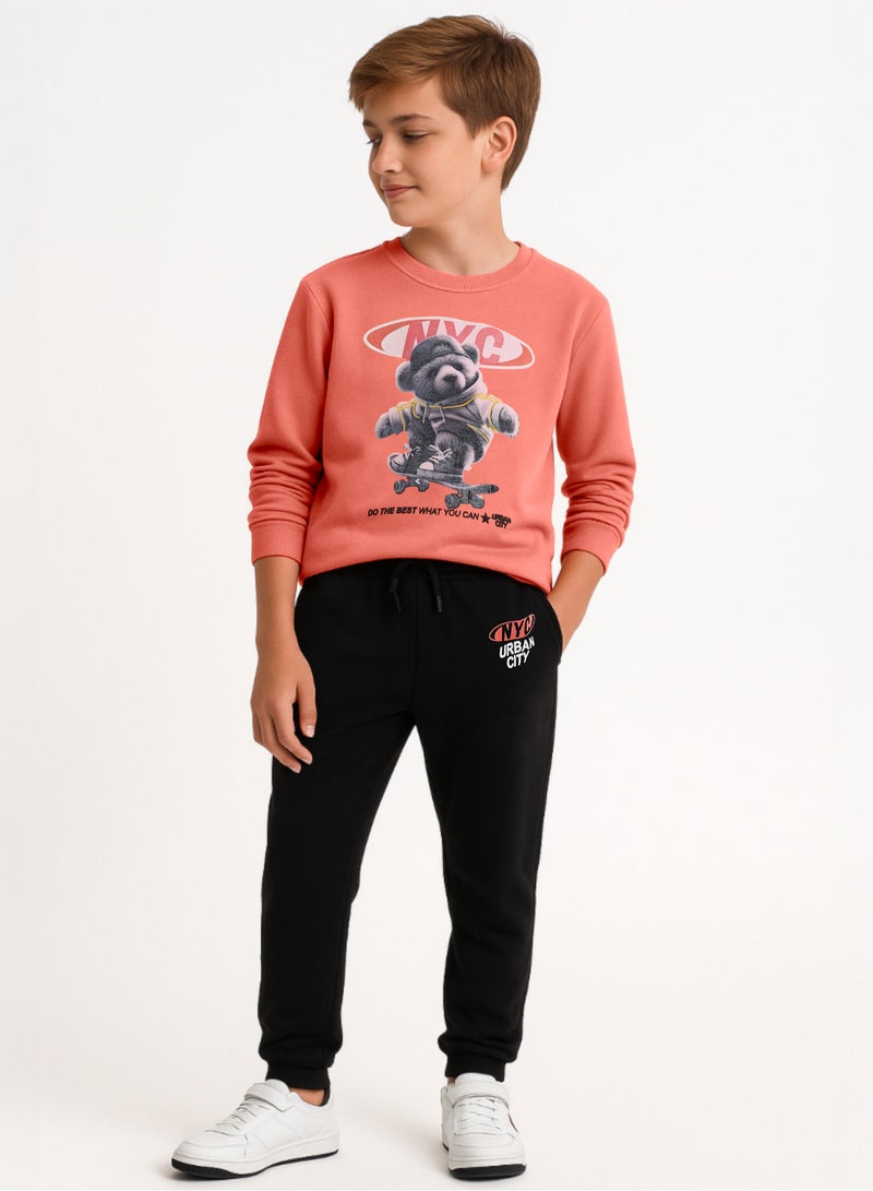 victor and jane Boys’ Skater Bear Fleece Set – Coral Sweatshirt & Black Joggers - Image 1