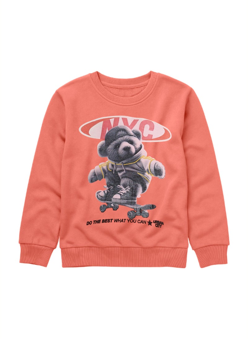 victor and jane Boys’ Skater Bear Fleece Set – Coral Sweatshirt & Black Joggers - Image 3