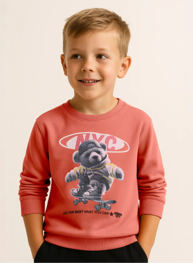 victor and jane Boys’ Skater Bear Fleece Set – Coral Sweatshirt &amp; Black Joggers