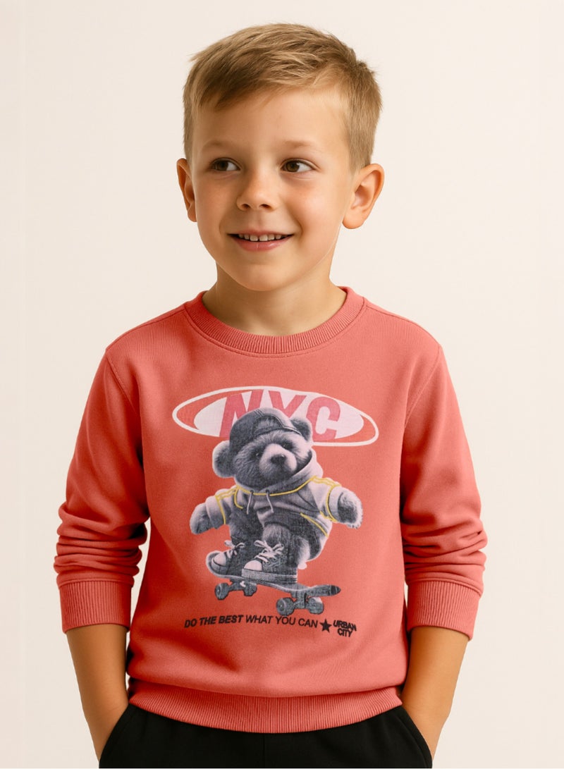 victor and jane Boys’ Skater Bear Fleece Set – Coral Sweatshirt & Black Joggers - Image 2