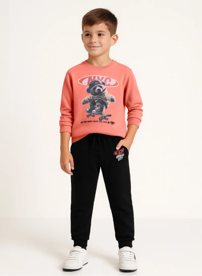 victor and jane Boys’ Skater Bear Fleece Set – Coral Sweatshirt &amp; Black Joggers