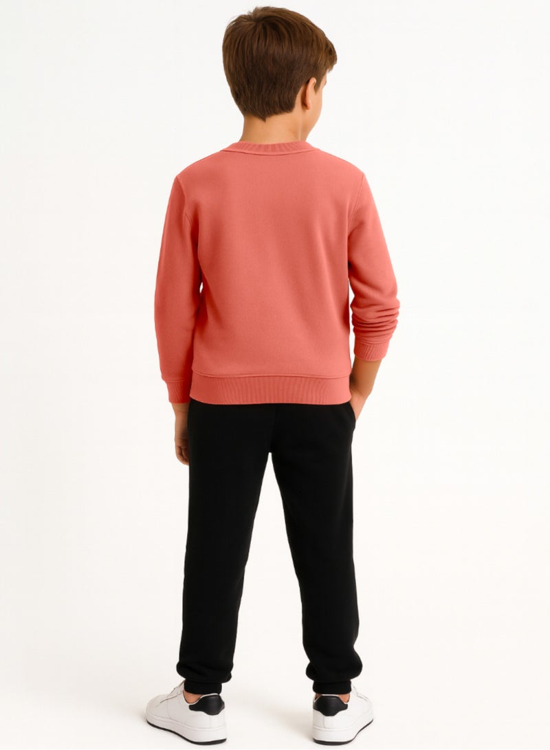 victor and jane Boys’ Skater Bear Fleece Set – Coral Sweatshirt & Black Joggers - Image 5