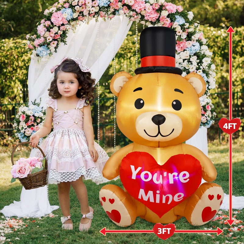 B&D 4FT Valentines Day Inflatable Bear Holding Love Heart, Blow Up Yard Decorations Built-in RGB LED Lights, Valentines Day Decor for Party Anniversary Wedding Propose Garden Lawn - Image 3