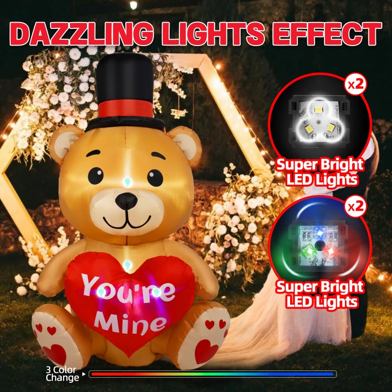 B&D 4FT Valentines Day Inflatable Bear Holding Love Heart, Blow Up Yard Decorations Built-in RGB LED Lights, Valentines Day Decor for Party Anniversary Wedding Propose Garden Lawn - Image 2