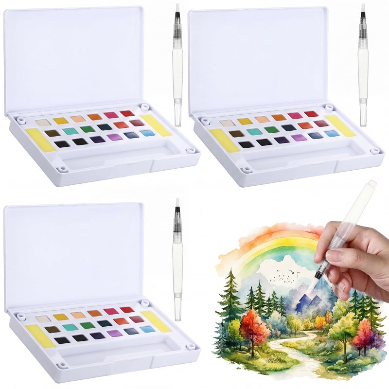 Marspark 3 Pcs Travel Watercolor Paint Set Portable Water Color Paint Kit with Water Brush Pocket Field Sketch Art Supplies Gift for Artists Beginner Painters Painting 12 Colors with 1 Brush Per Set - Image 2