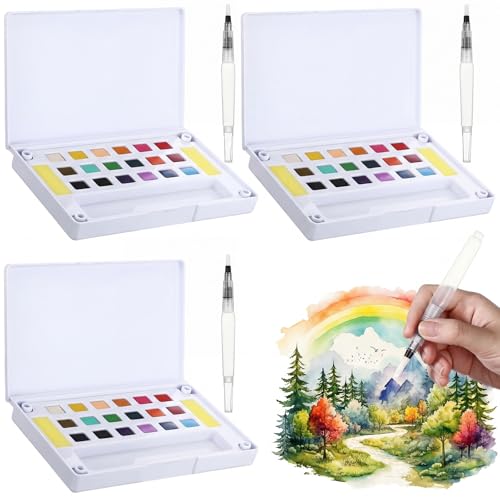 Marspark 3 Pcs Travel Watercolor Paint Set Portable Water Color Paint Kit with Water Brush Pocket Field Sketch Art Supplies Gift for Artists Beginner Painters Painting 12 Colors with 1 Brush Per Set - Image 1