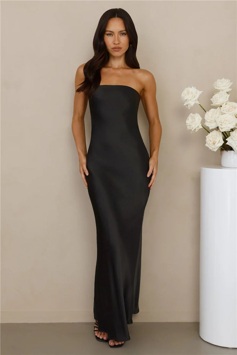 Elegant Satin Backless Strappy Solid Color Long Dress for Women 2025 Summer