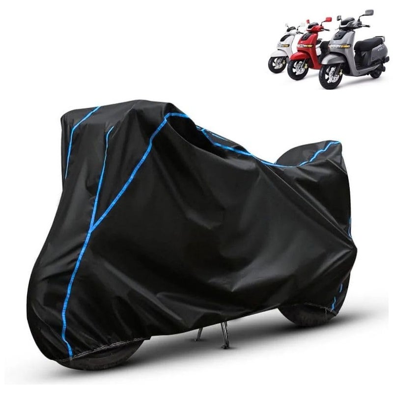 FAVY Water Resistant Bike Cover Compatible with TVS Jupiter (2), Rain, UV, Dust and Scratch Proof, All-Weather Proof Full Body Bike Cover, Black with Blue Piping, Triple Stitched with Elastic Bottom - Image 1