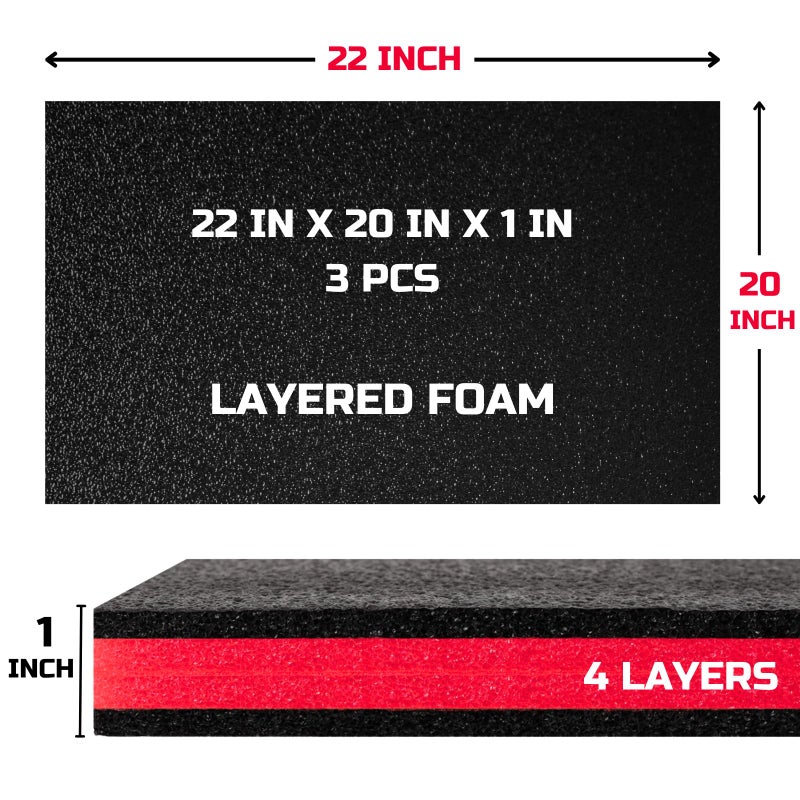 ONREVA Tool Box Foam 22x20x1 inch 3Pack, Foam Inserts for Cases, Polyethylene Storage Sheets for Toolbox Hard Case, Tool Shadow Insert, Kaizen Organizer Sheet, Black with Red - Image 3