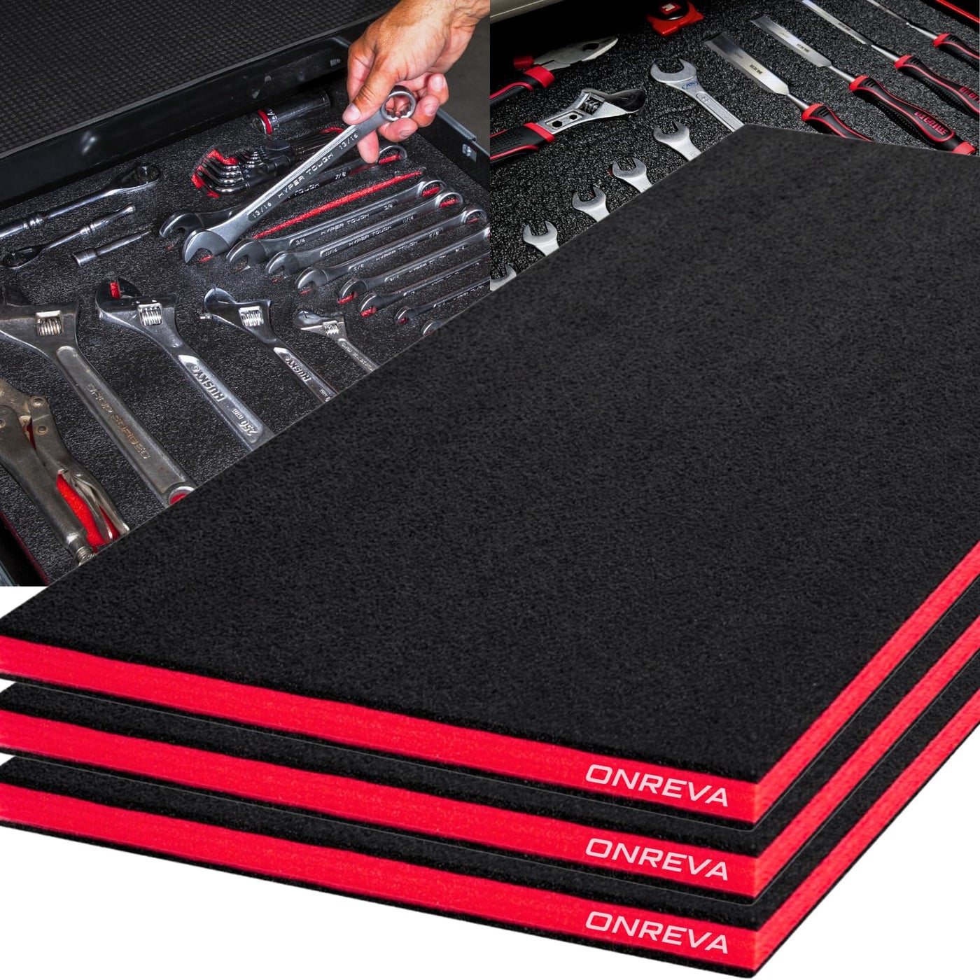 ONREVA Tool Box Foam 22x20x1 inch 3Pack, Foam Inserts for Cases, Polyethylene Storage Sheets for Toolbox Hard Case, Tool Shadow Insert, Kaizen Organizer Sheet, Black with Red