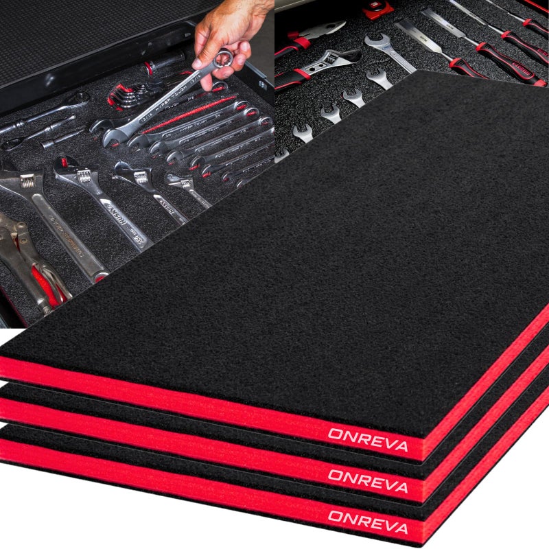 ONREVA Tool Box Foam 22x20x1 inch 3Pack, Foam Inserts for Cases, Polyethylene Storage Sheets for Toolbox Hard Case, Tool Shadow Insert, Kaizen Organizer Sheet, Black with Red - Image 1