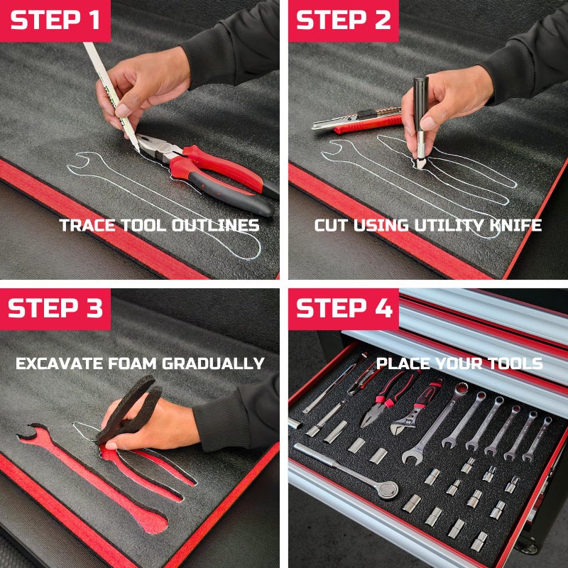 ONREVA Tool Box Foam 22x20x1 inch 3Pack, Foam Inserts for Cases, Polyethylene Storage Sheets for Toolbox Hard Case, Tool Shadow Insert, Kaizen Organizer Sheet, Black with Red - Image 4