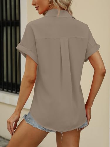 Beautife Womens Short Sleeve Shirts V Neck Collared Button Down Shirt Tops with Pockets (Large, Khaki) - Image 5