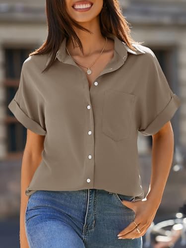Beautife Womens Short Sleeve Shirts V Neck Collared Button Down Shirt Tops with Pockets (Large, Khaki) - Image 3