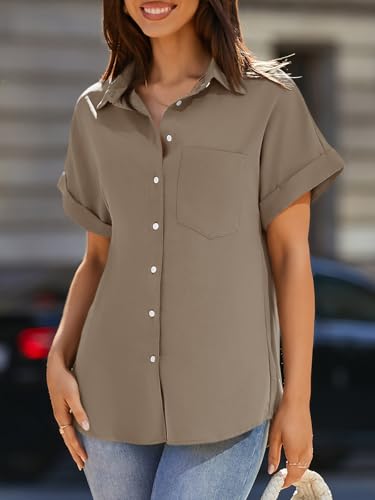 Beautife Womens Short Sleeve Shirts V Neck Collared Button Down Shirt Tops with Pockets (Large, Khaki) - Image 2