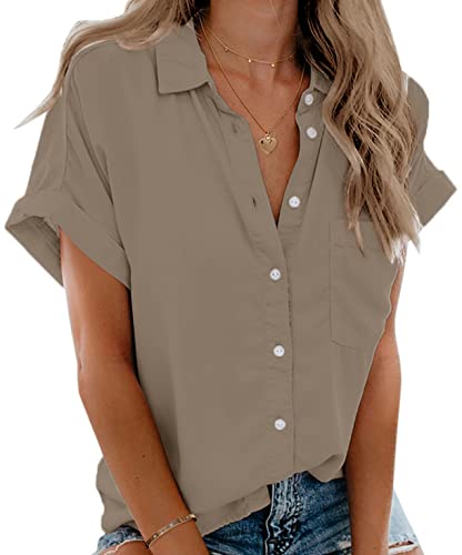 Beautife Womens Short Sleeve Shirts V Neck Collared Button Down Shirt Tops with Pockets (Large, Khaki) - Image 1