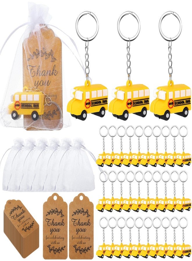 Equsion 12 Pcs School Bus Party Favors School Bus Keychain with White Organza Thank You Kraft Tags for Birthday Party Favors Backpack Key Decorations Classroom Rewards School Bus Theme Supplies - Image 1