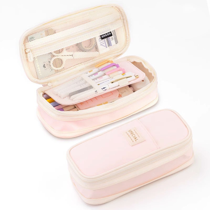 Korean Style Pencil Case Ins Japanese and Korean Style Macaron Color-matching Retractable Large Capacity Upgraded Pencil Case Stationery Case Foreign Trade Twill powder 