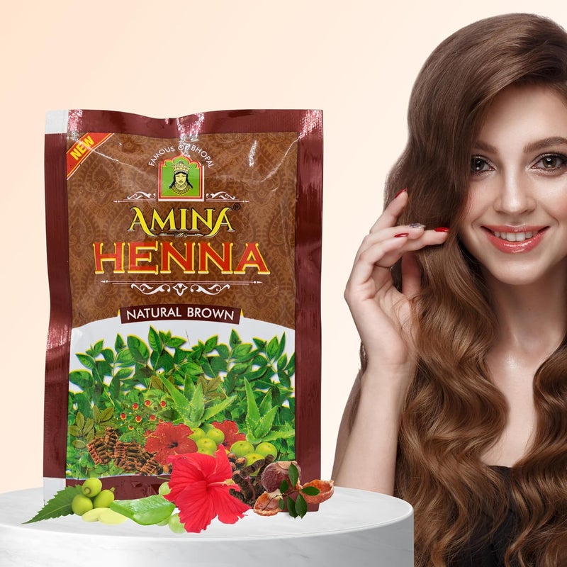 Amina حناء أمينة لون شعر طبيعي للجنسين عبوة 20 بني طبيعي - Image 1