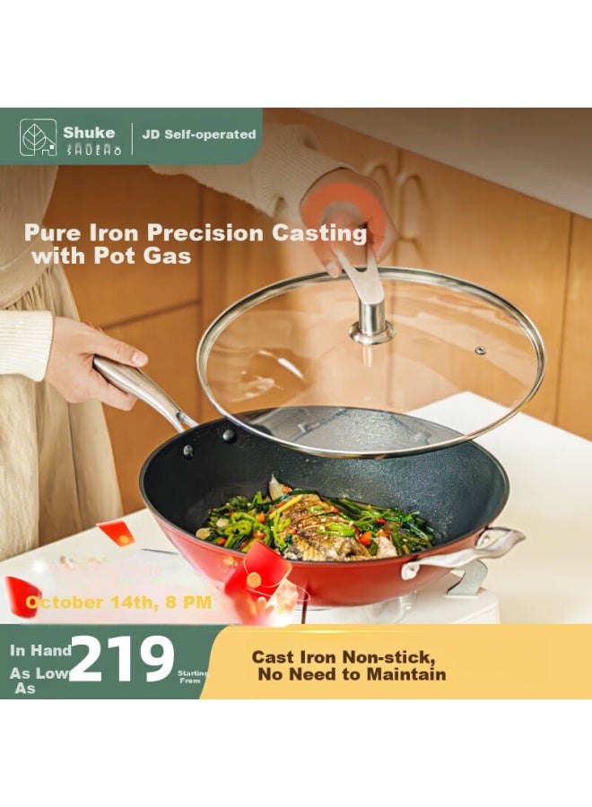 SHUEHO Shuke Cast Iron Wok, Non-stick Pan, Flat Bottom Frying Pan With Double Handles, For Home Use, Suitable For Induction And Gas Stoves, No Seasoning Required - Image 1