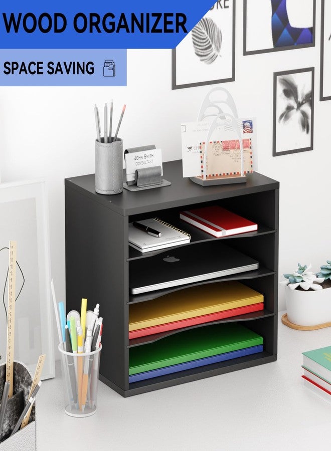 GDINDINFAN Wood Desktop Letter Tray File Organizer, Paper Storage Mail Sorter with 3 Adjustable Drawer Boards for Home and Office, Black - Image 2
