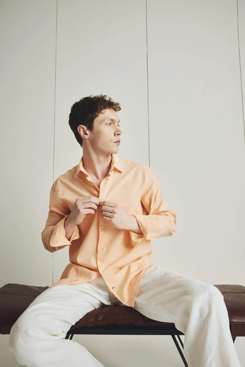 ديفاكتو Regular Fit Polo Collar Linen Blend Shirt