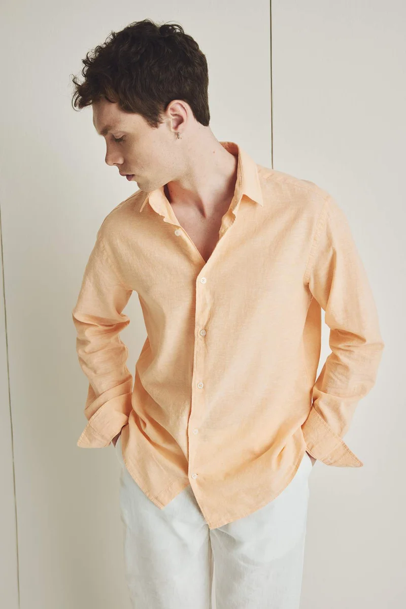 ديفاكتو Regular Fit Polo Collar Linen Blend Shirt