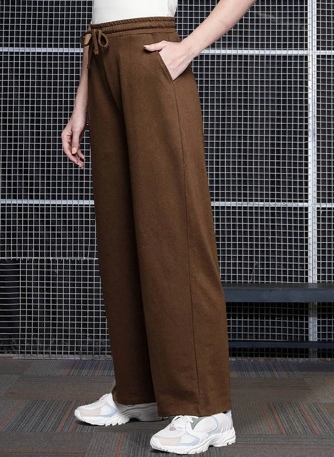 SASSAFRAS Brown Cotton Relaxed Fit Track Pants for Women
