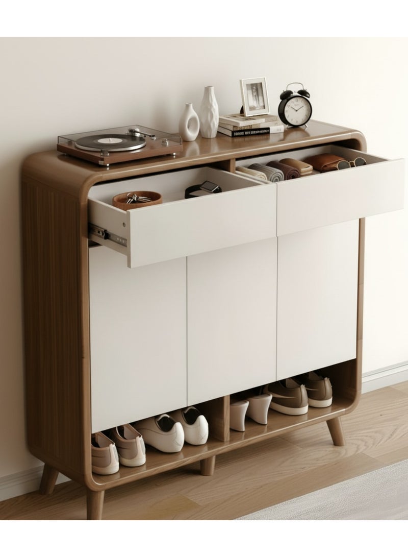 اليسا خزانة أحذية عصرية ١٠٠ سم - رف أحذية للمدخل بحافة مستديرة مع درجين، ٣ أبواب وحجرات مفتوحة، أرجل خشبية مرتفعة، تصميم مستقر، خزانة تخزين أنيقة للمدخل - Image 1