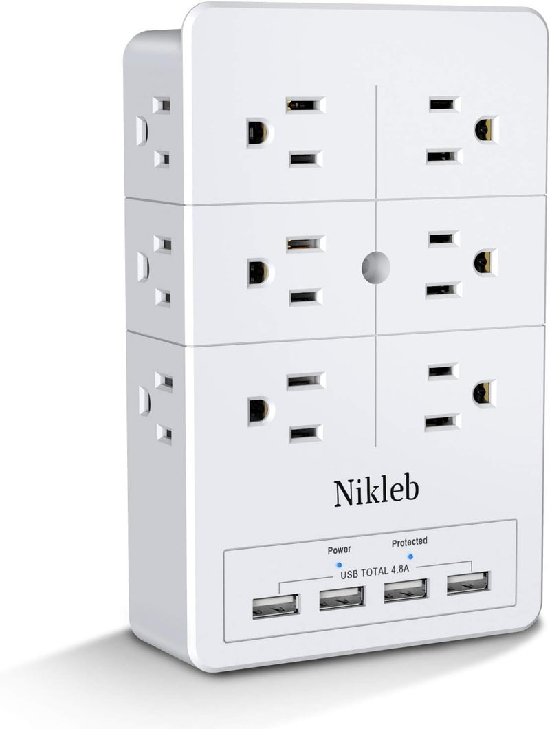 Nikleb حماية من زيادة التيار مع مقبس متعدد، 12 مخرج كهربائي مع 4 منافذ شحن USB بإجمالي 4.8A، موسع مقبس حائط 3 دبابيس لغرفة، مكتب، ألعاب، ملحقات تنظيم الأسلاك - Image 1