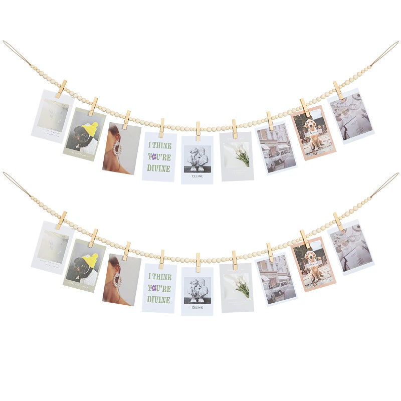 KLOGTSIND Hanging Photo Display Wall Decor 2PCS Boho Wooden Bead Garland Collage Picture Frame with 9 Wood Clips for Bedroom Living Room Office Dorm Decor Photos Holder Teen Girl Gifts