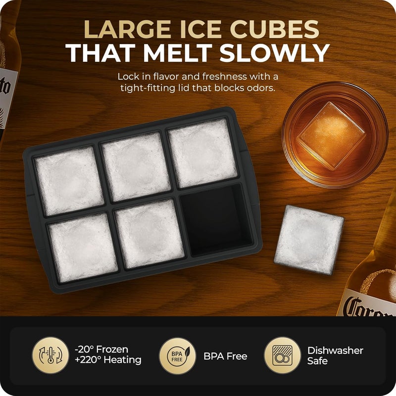 Xomoo Large Ice Cube Trays for Whiskey, Silicone Ice Cube Tray, with Reinforced Steel Ring Top, Makes 12 perfect 2-in ice cubes, Square Ice Tray for Cocktails, Whiskey, Coffee. (2 Pack) - Image 5