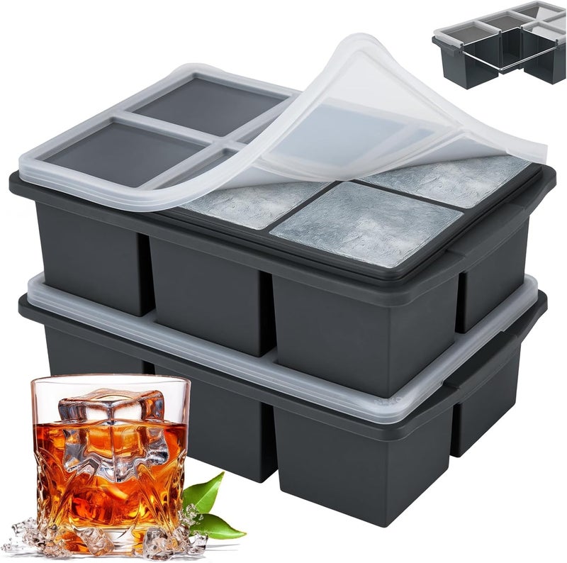 Xomoo Large Ice Cube Trays for Whiskey, Silicone Ice Cube Tray, with Reinforced Steel Ring Top, Makes 12 perfect 2-in ice cubes, Square Ice Tray for Cocktails, Whiskey, Coffee. (2 Pack) - Image 1